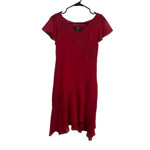 Sandra Darren Red Chiffon Beaded V-Neck Midi Dress Size 8P Elegant Evening